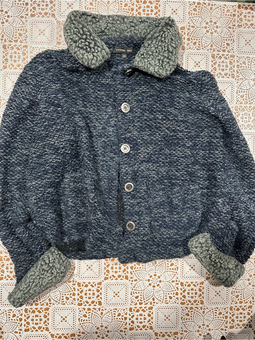 Cynthia Max Boucle Knit Cardigan Faux Fur Collar Blue Gray USA M